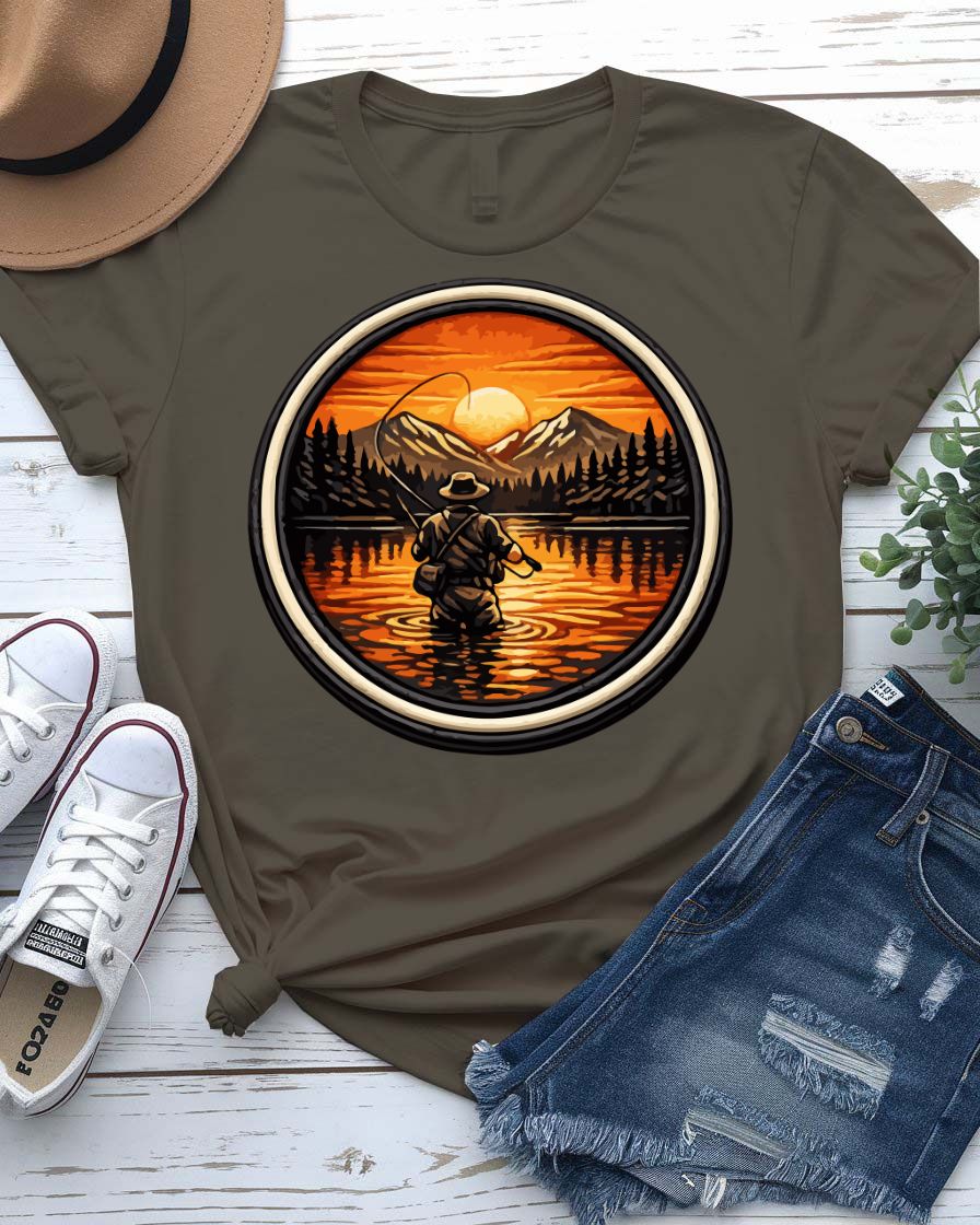 Fly fishing adventure tee angler mid-cast mountain river graphic