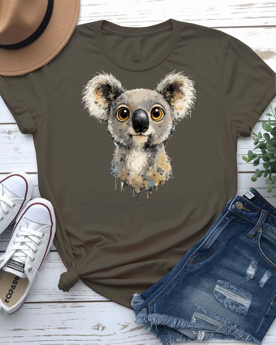 Curious koala tee wide-eyed koala on branch graphic