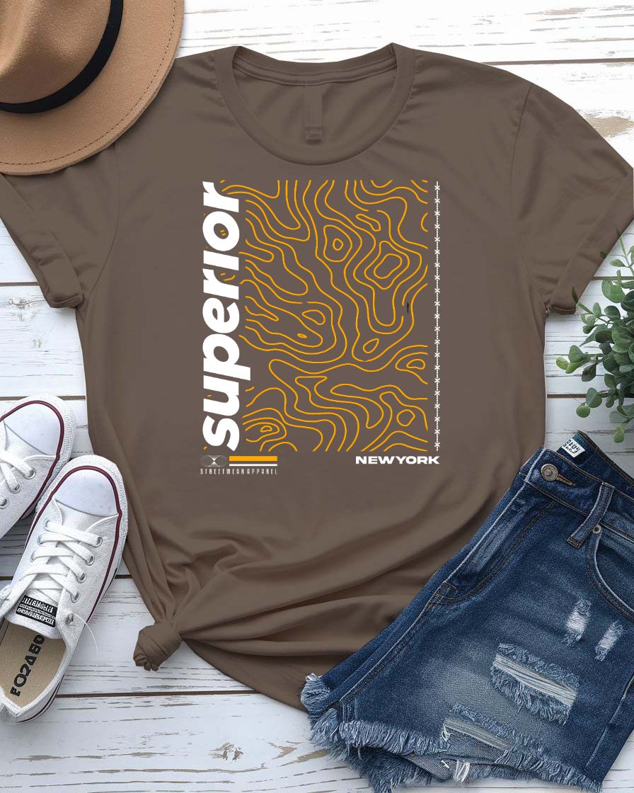 Superior Streetwear Tee with crown floating above mountain peak on model
