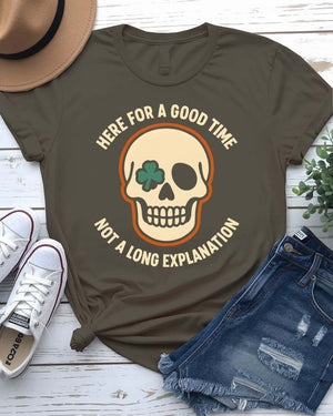 Here for a Good Time St. Patrick's Day Tee with shamrock pint glass on model