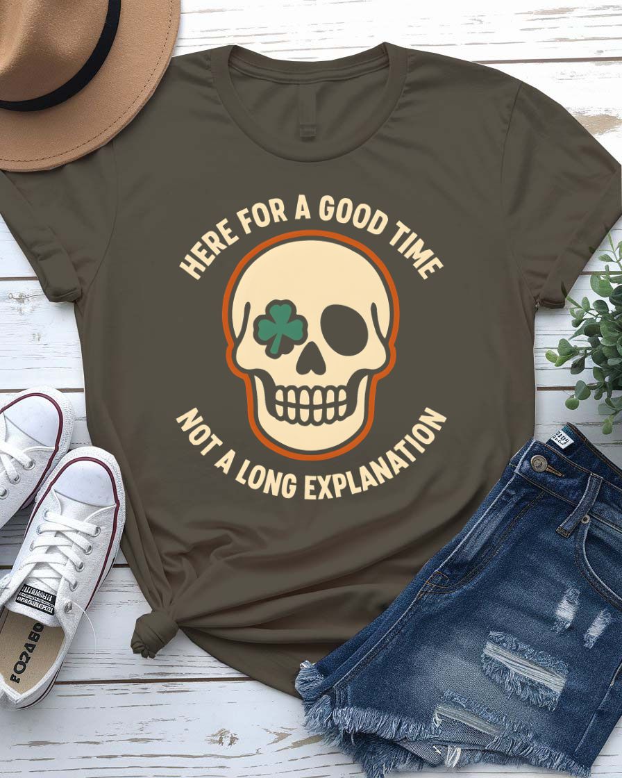 Here for a Good Time St. Patrick's Day Tee with shamrock pint glass on model