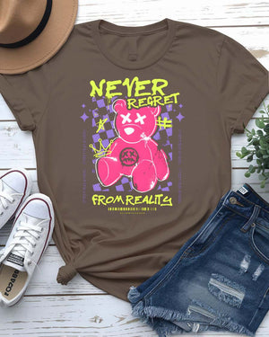 Never Regret Streetwear Tee with figure walking forward on stepping stones on model