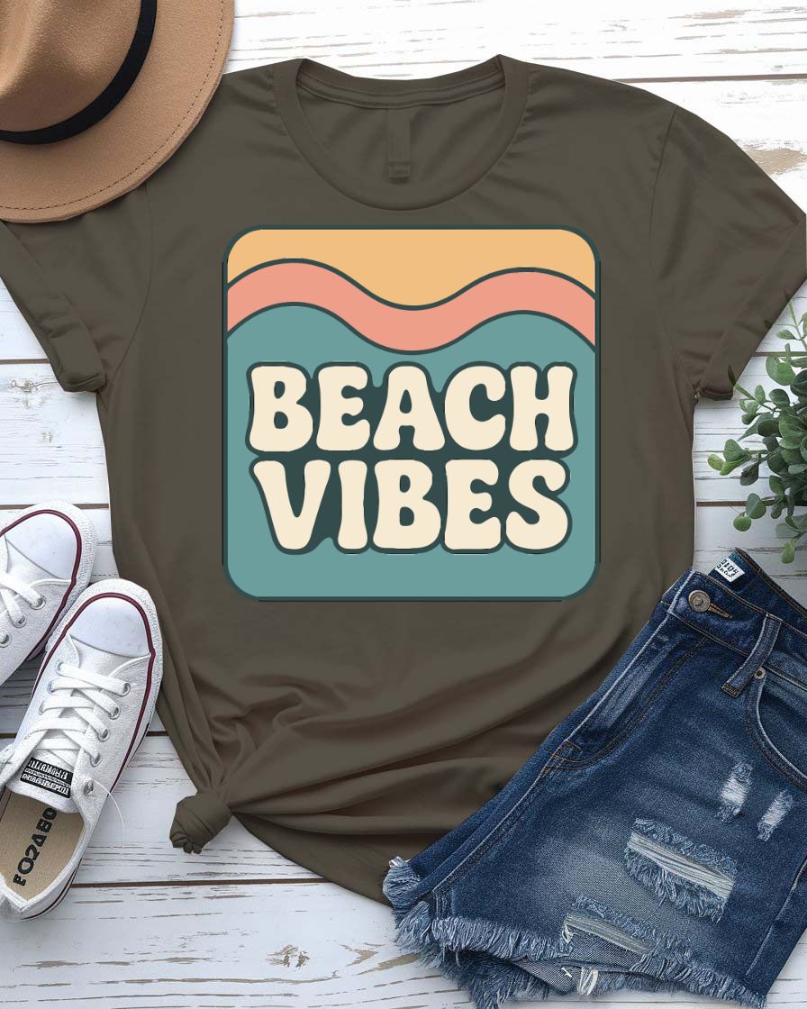 Beach vibes tee smiling sun with rays coastal graphic