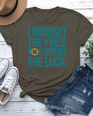 I Brought The Vibes St. Patrick's Day Tee with radiating pint glass on model