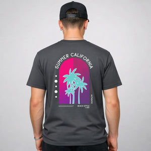 California Summer Streetwear Tee with vintage sunset and palm trees on model