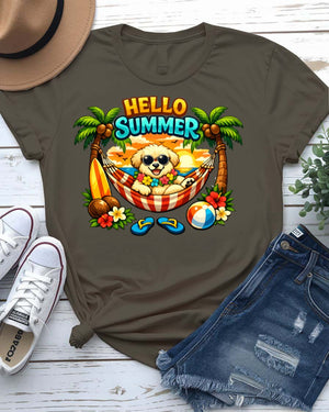 Hello summer vibes tee smiling sun graphic