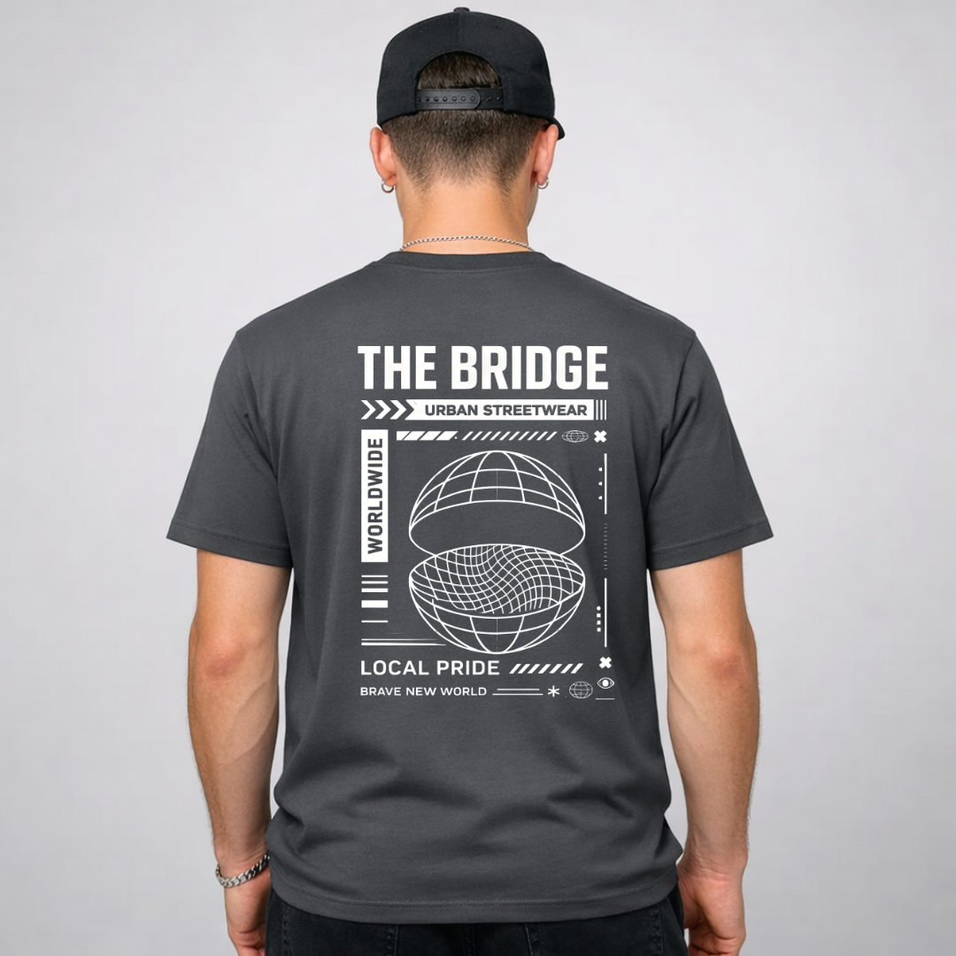 Bridge Streetwear Tee with suspension bridge in fog on model