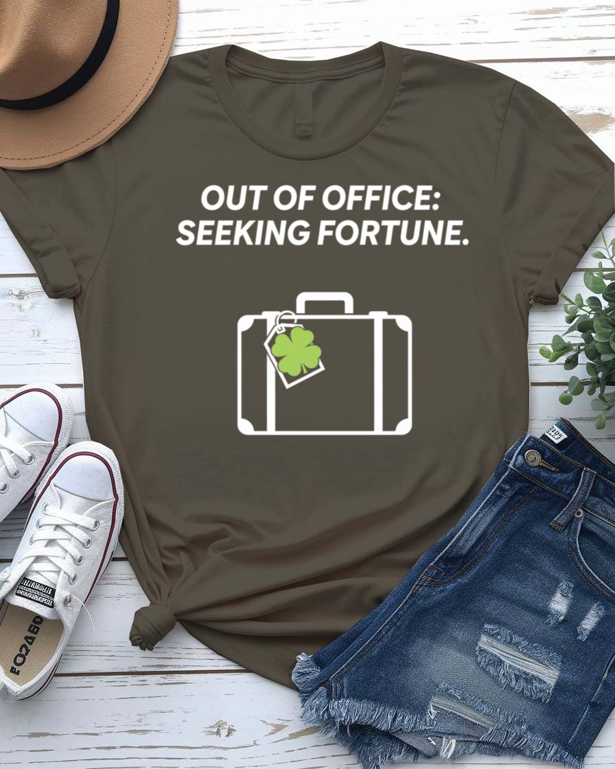 Out of Office Seeking Fortune St. Patrick's Day Tee with shamrock laptop on model
