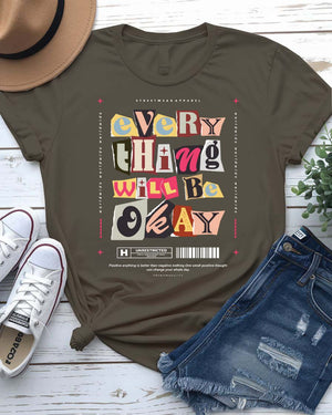 Everything Will Be Okay Tee with handwritten text on wrinkled backdrop on model