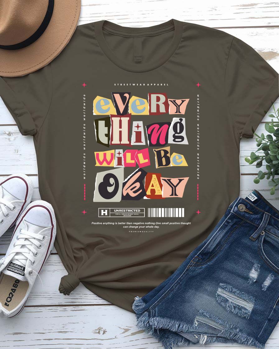 Everything Will Be Okay Tee with handwritten text on wrinkled backdrop on model