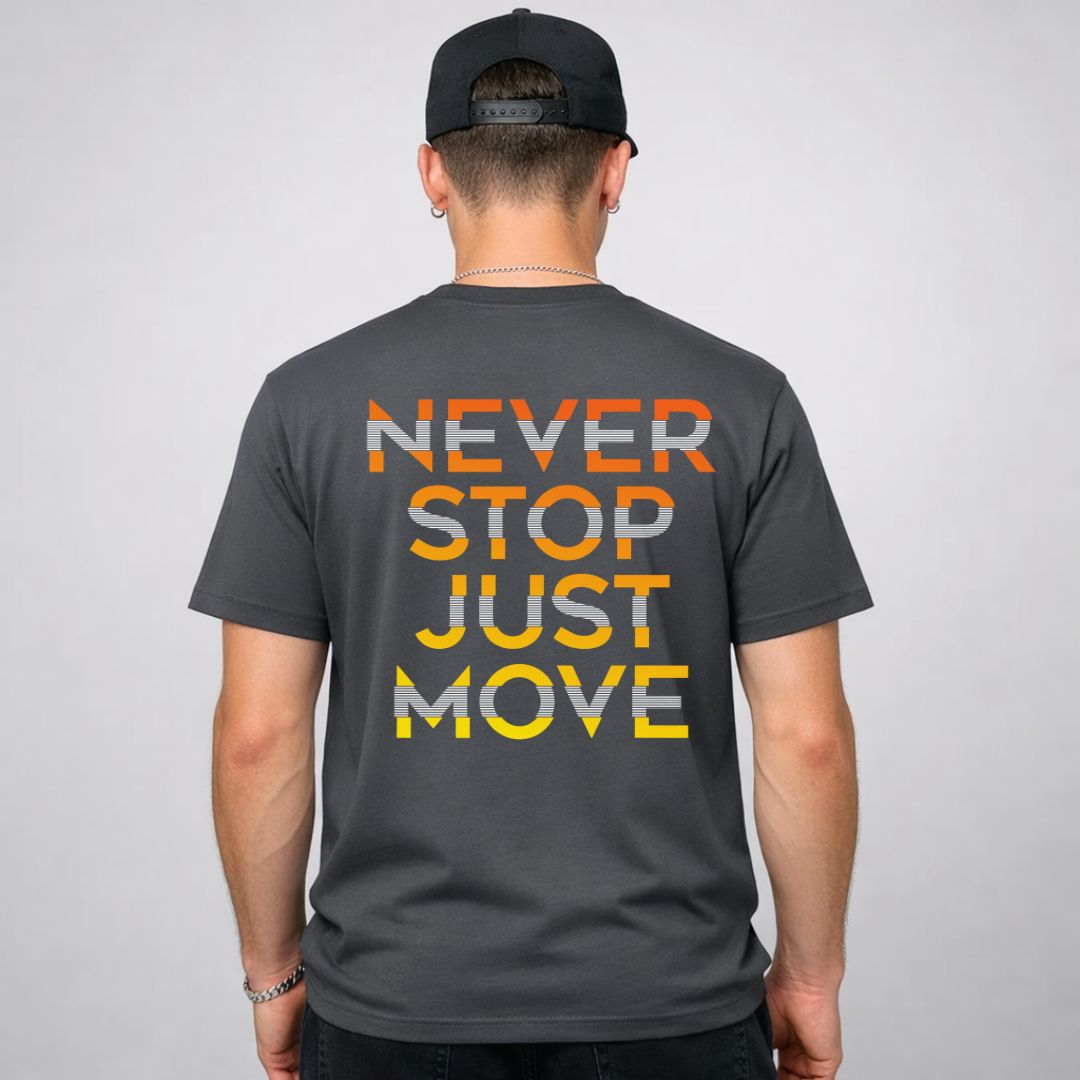 Never Stop Just Move Streetwear Tee with figure in motion on model