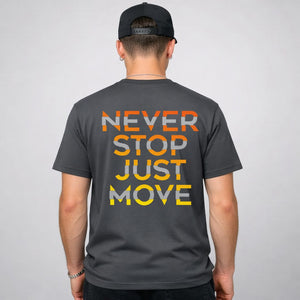 Never Stop Just Move Streetwear Tee with figure in motion on model