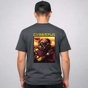 Cyberpug Streetwear Tee with neon-glowing cybernetic pug on model