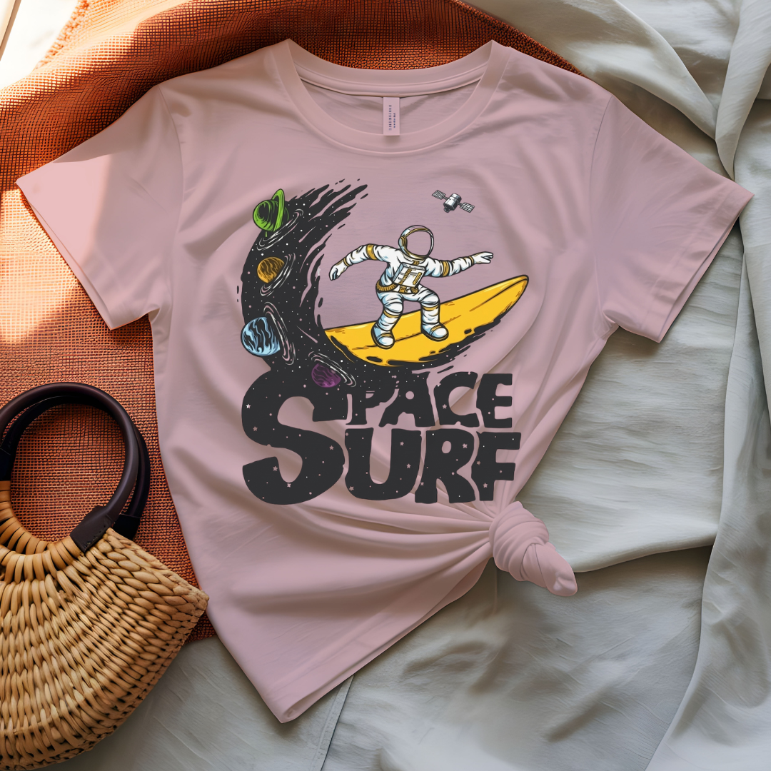 Space Surf Tee with astronaut surfing on a cosmic wave