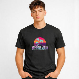 California Summer Streetwear Tee with vintage sunset and palm trees on model