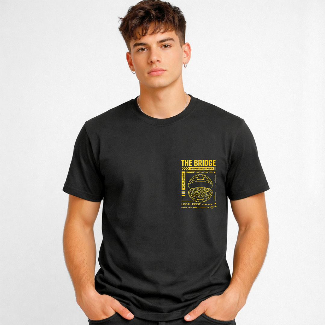 Bridge Streetwear Tee with suspension bridge in fog on model