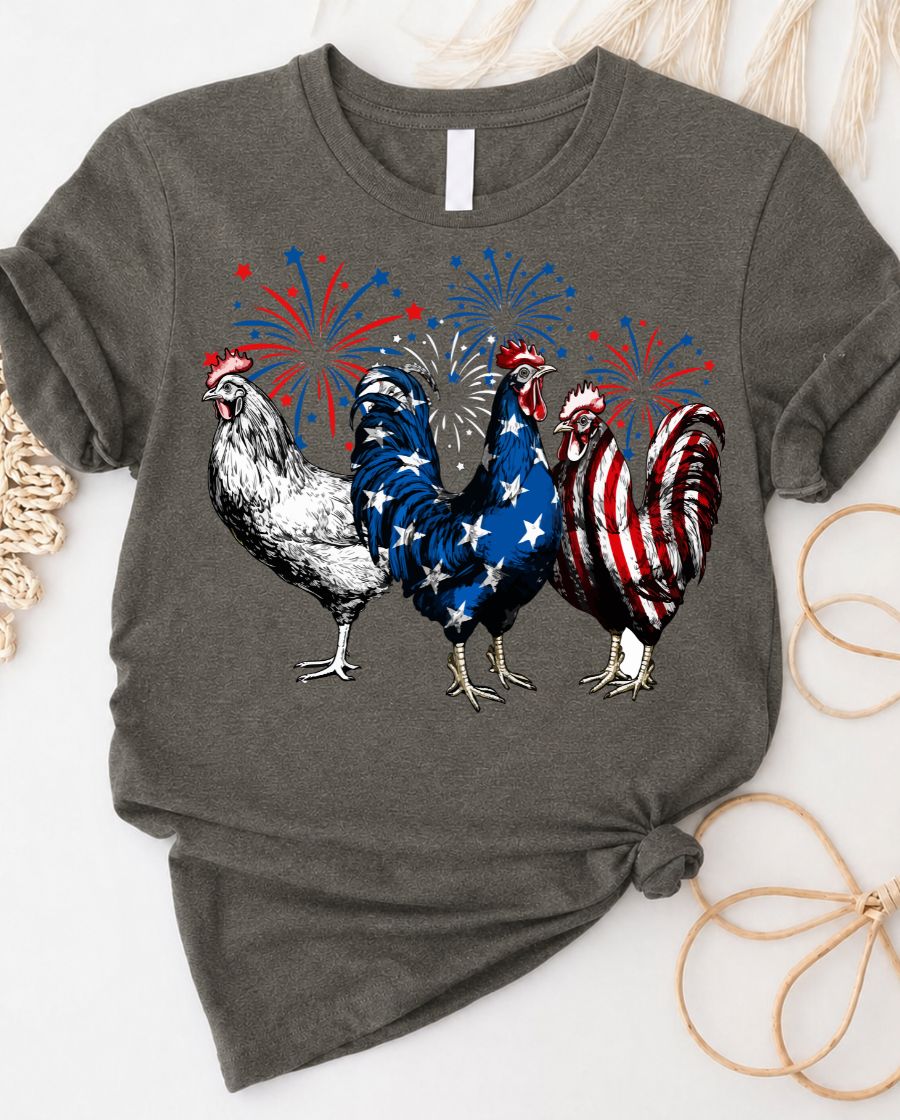 Red White and Blue Chicken 4th of July Tee with patriotic poultry design
