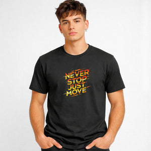 Never Stop Just Move Streetwear Tee with figure in motion on model