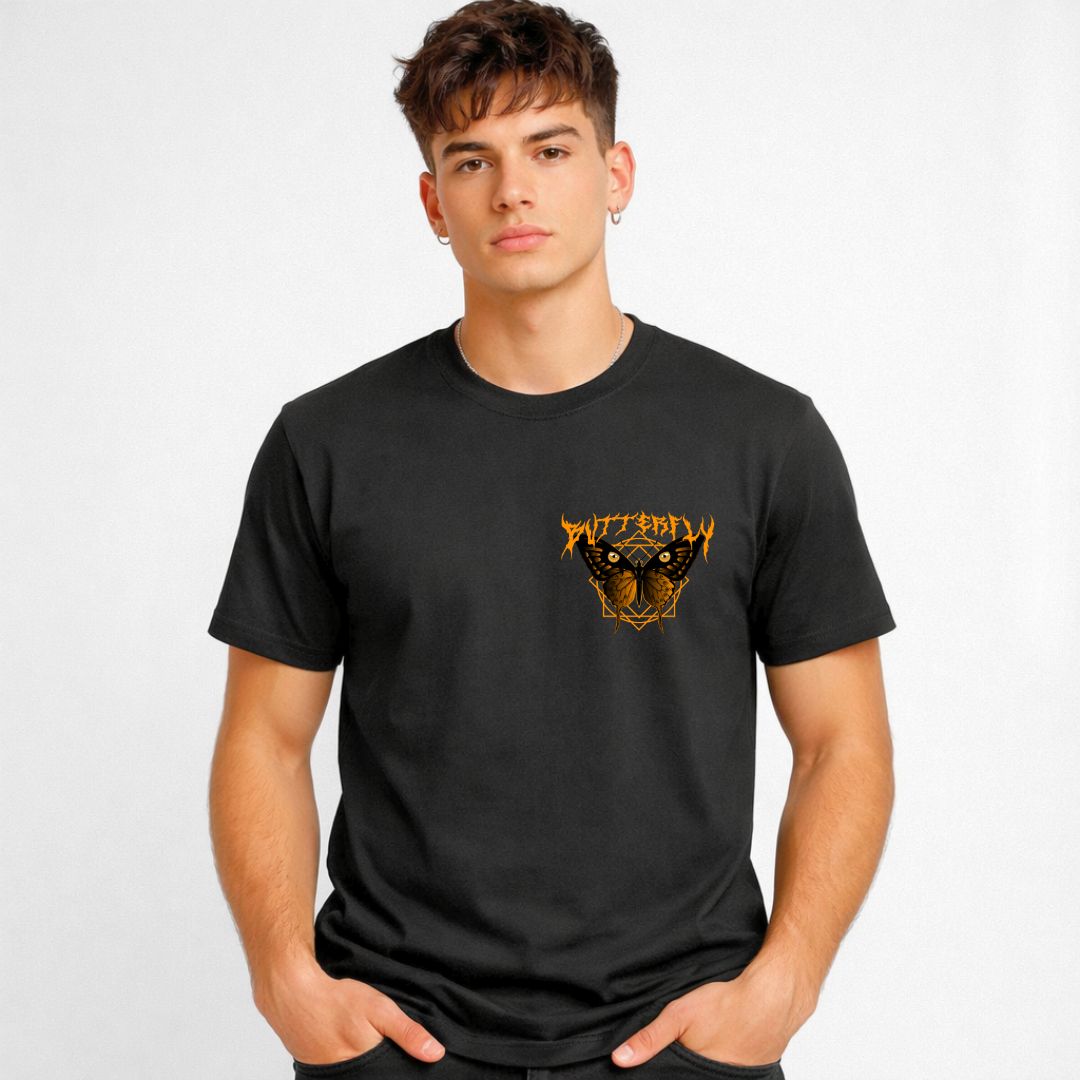 Butterfly Streetwear Tee with geometric monarch emergence on model