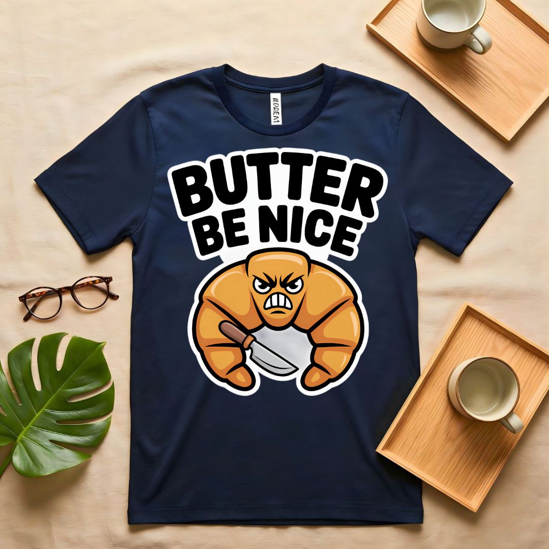Butter Be Nice Positive Pun Graphic T-Shirt on Model