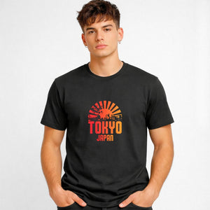 Tokyo Japan Streetwear Tee with neon skyline and Mount Fuji on model