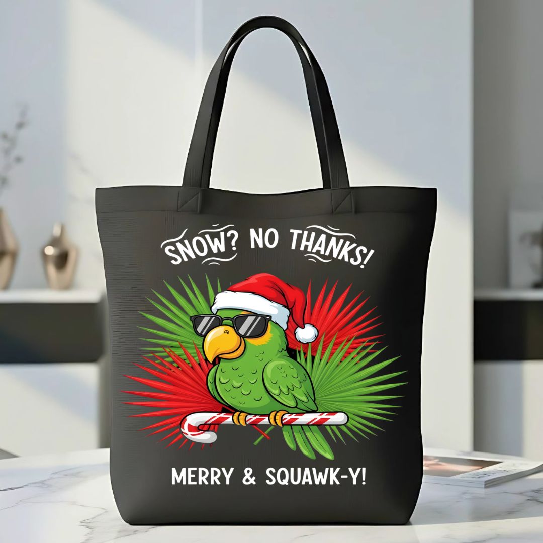 Merry Squawk Tote Bag with colorful parrot in Santa hat design