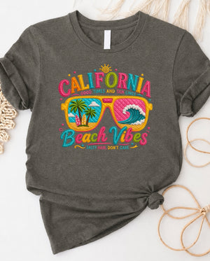 California beach vibes t-shirt with retro camper van graphic