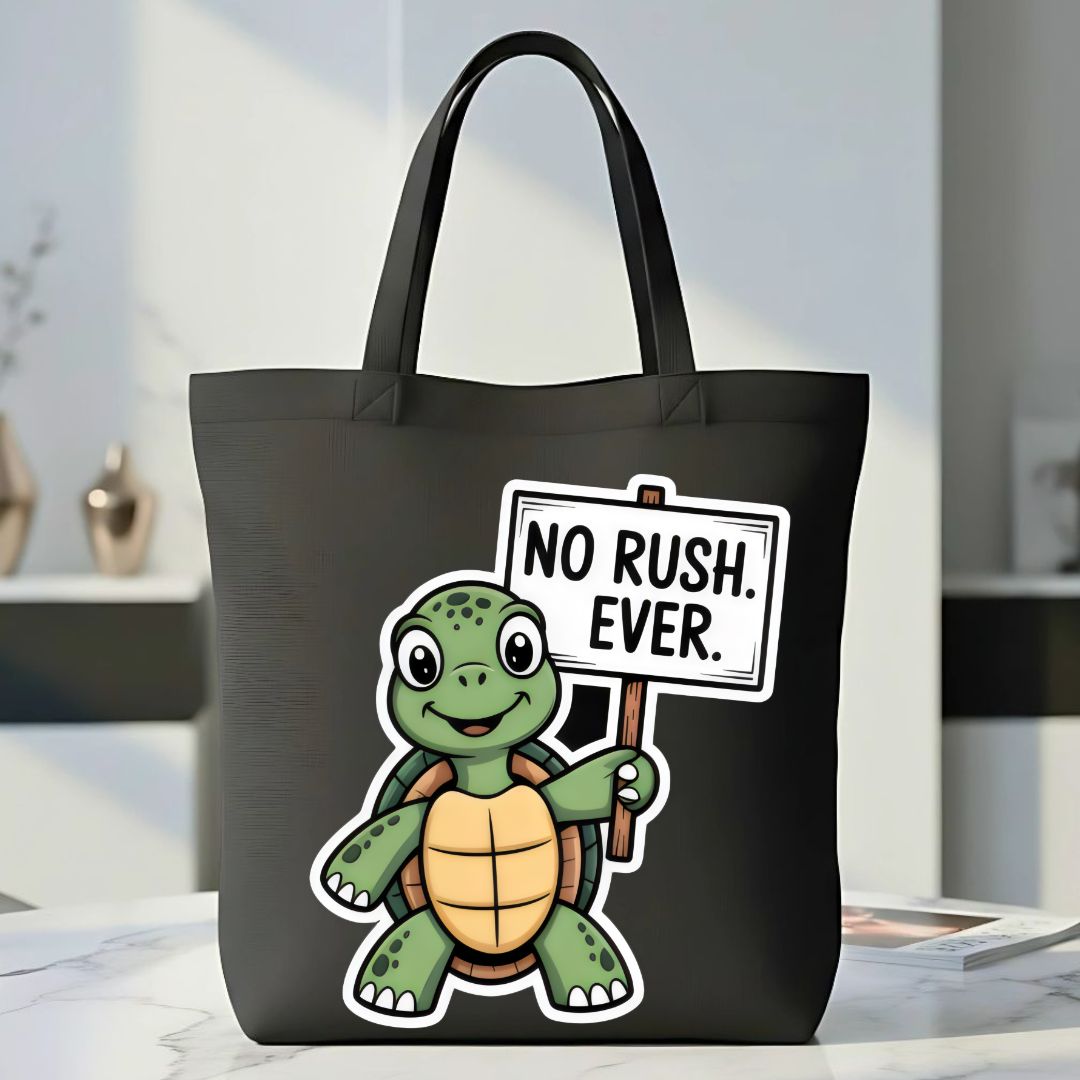 "No Rush Ever" Cute Turtle &amp; Slow Living Tote Bag
