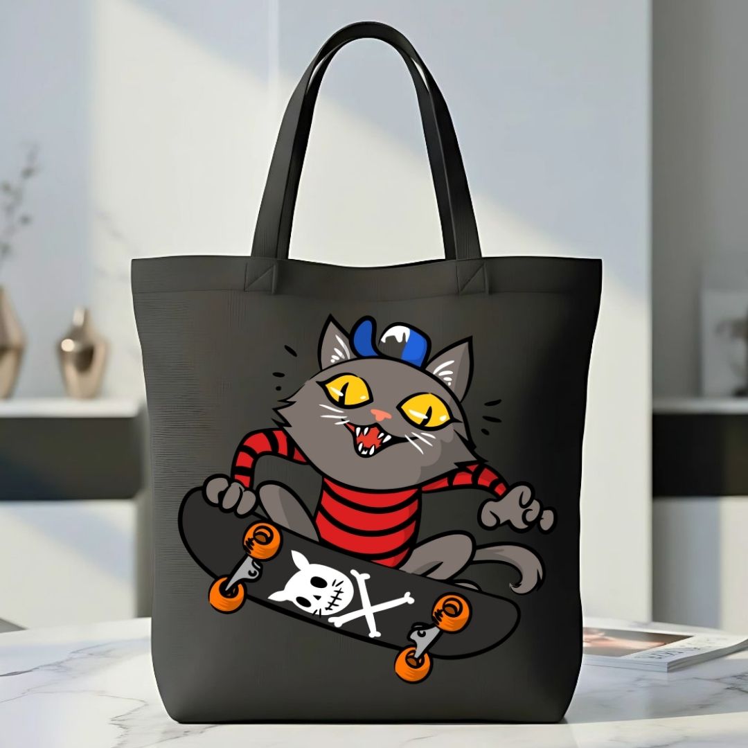 Skate Cat Graphic Cotton Canvas Tote Bag - Reusable Grocery Tote
