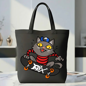 Skate Cat Graphic Cotton Canvas Tote Bag - Reusable Grocery Tote