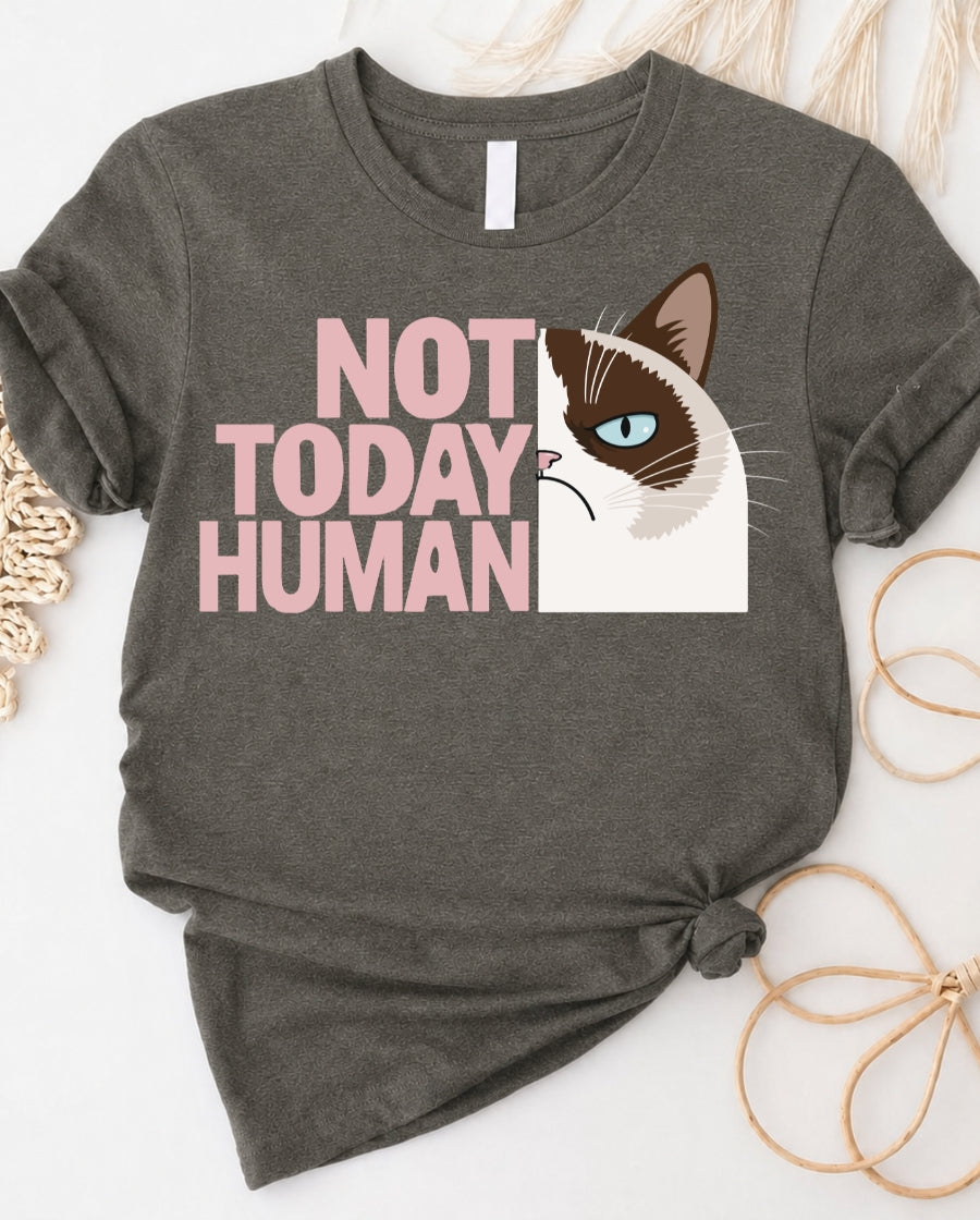 Not today human cat lovers tee with aloof cat graphic front view