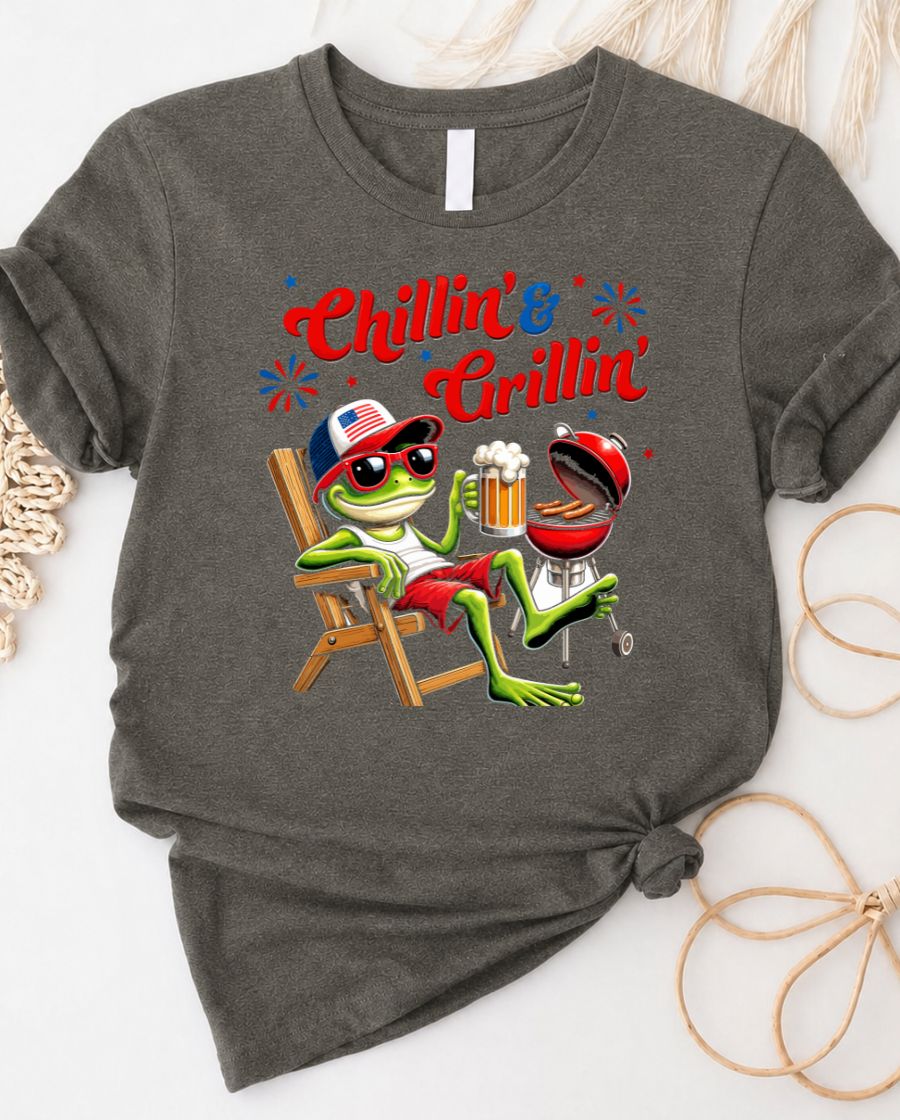 Chillin and Grillin 4th of July Tee with BBQ grill graphic