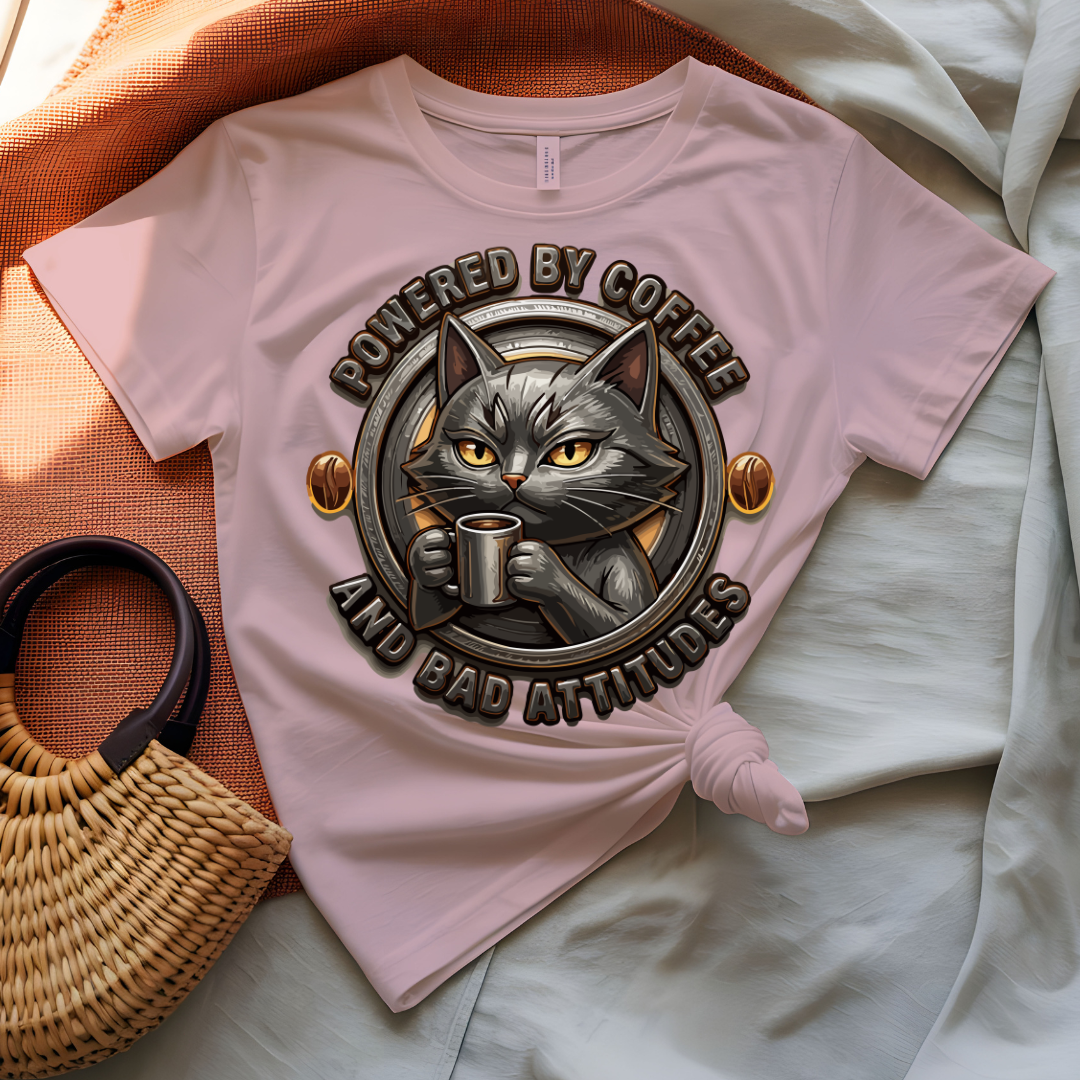 Powered by Coffee and Bad Attitude tee with bold typography
