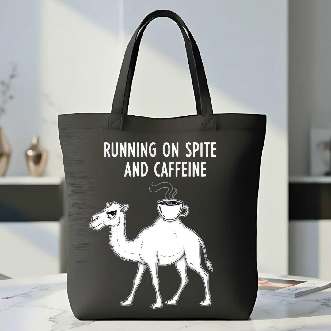 "Running on Spite and Caffeine" Funny Camel Meme Tote Bag