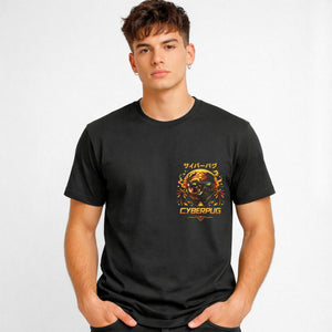 Cyberpug Streetwear Tee with neon-glowing cybernetic pug on model