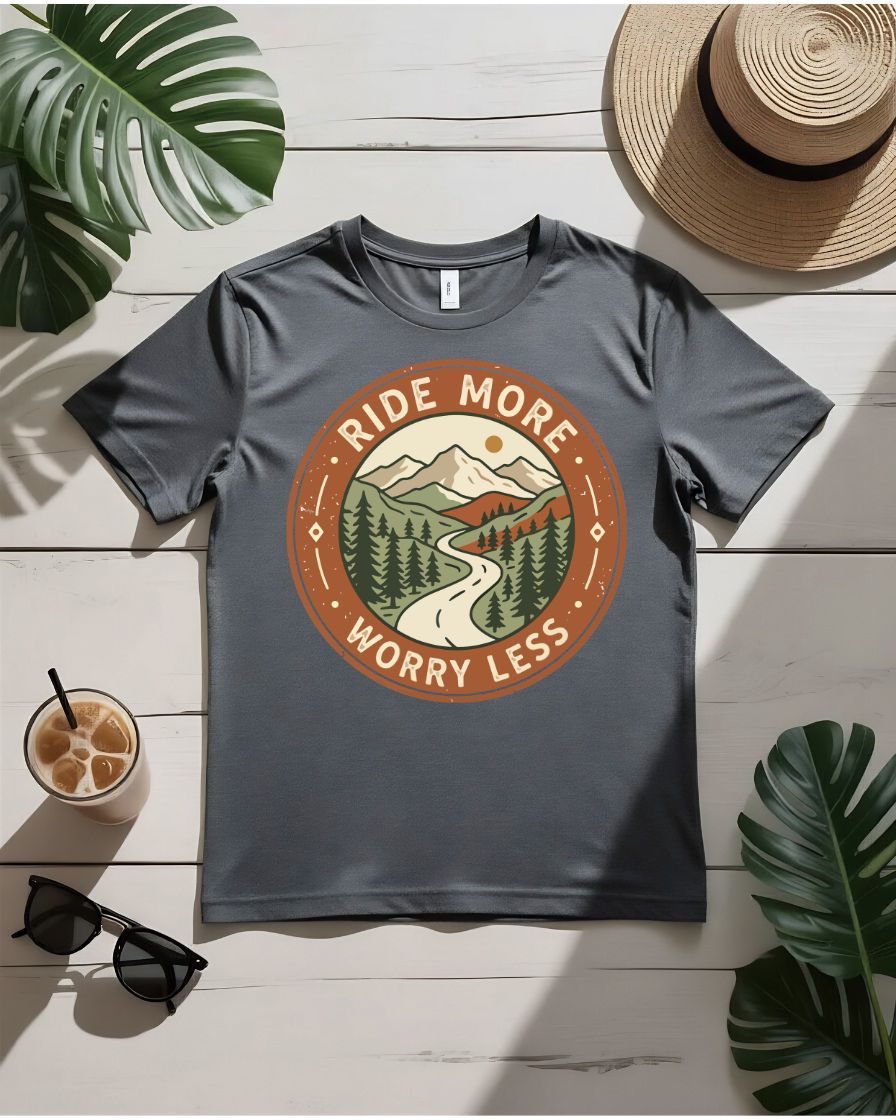 Ride more worry less tee motorcycle sunset highway graphic