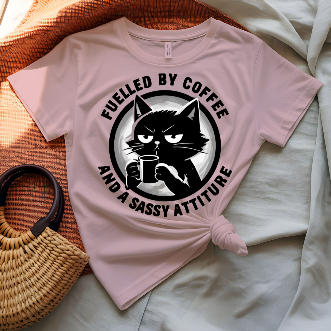 Fueled By Coffee tee with bold caffeine statement typography