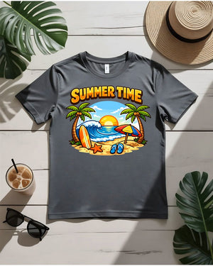 Summer time vibes tee retro script sunburst graphic