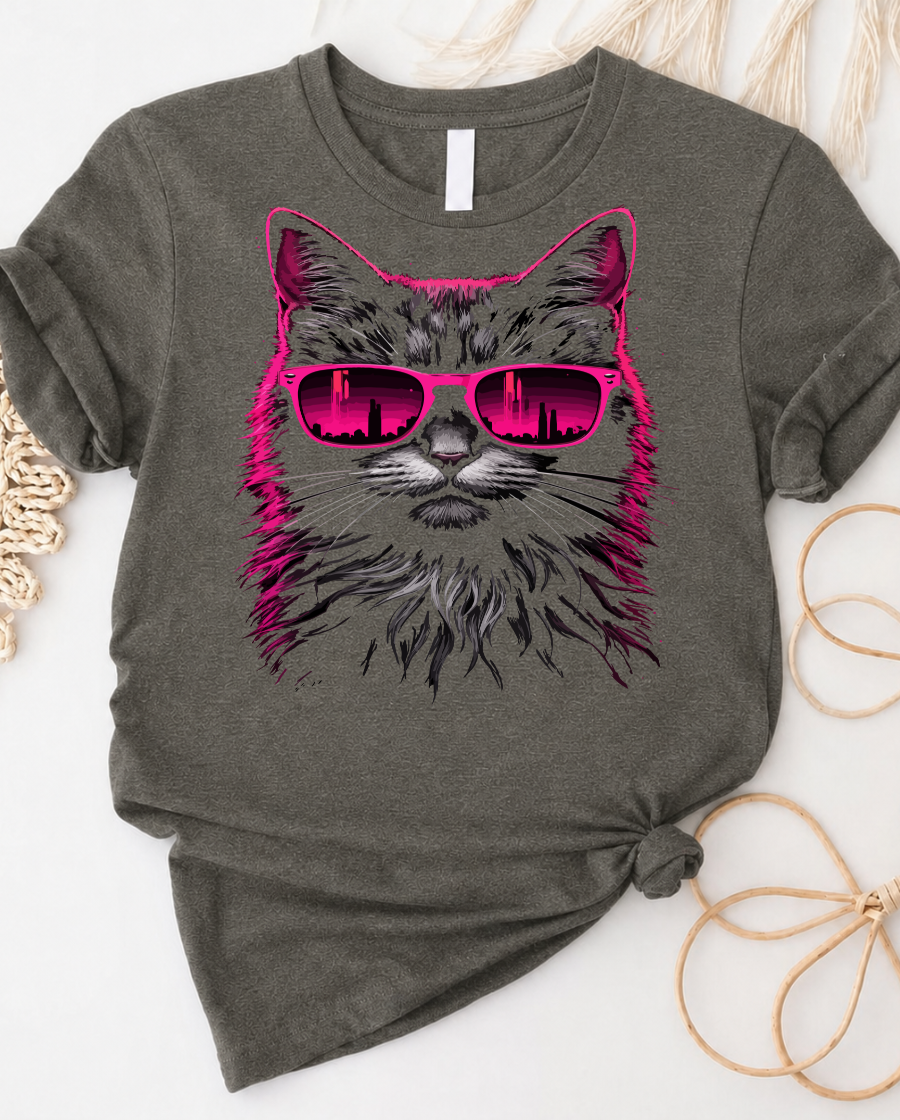 Neon cool cat with pink sunglasses graphic t-shirt featuring a stylish feline in retro design