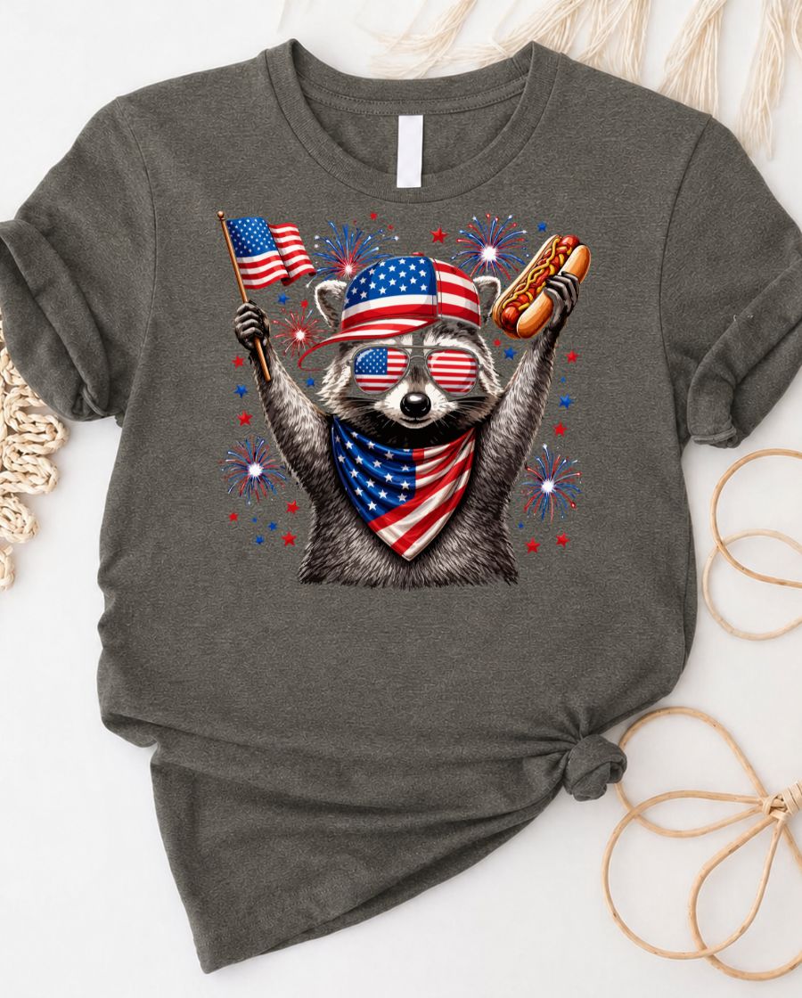 Raccoon 4th of July Tee wearing American flag sunglasses