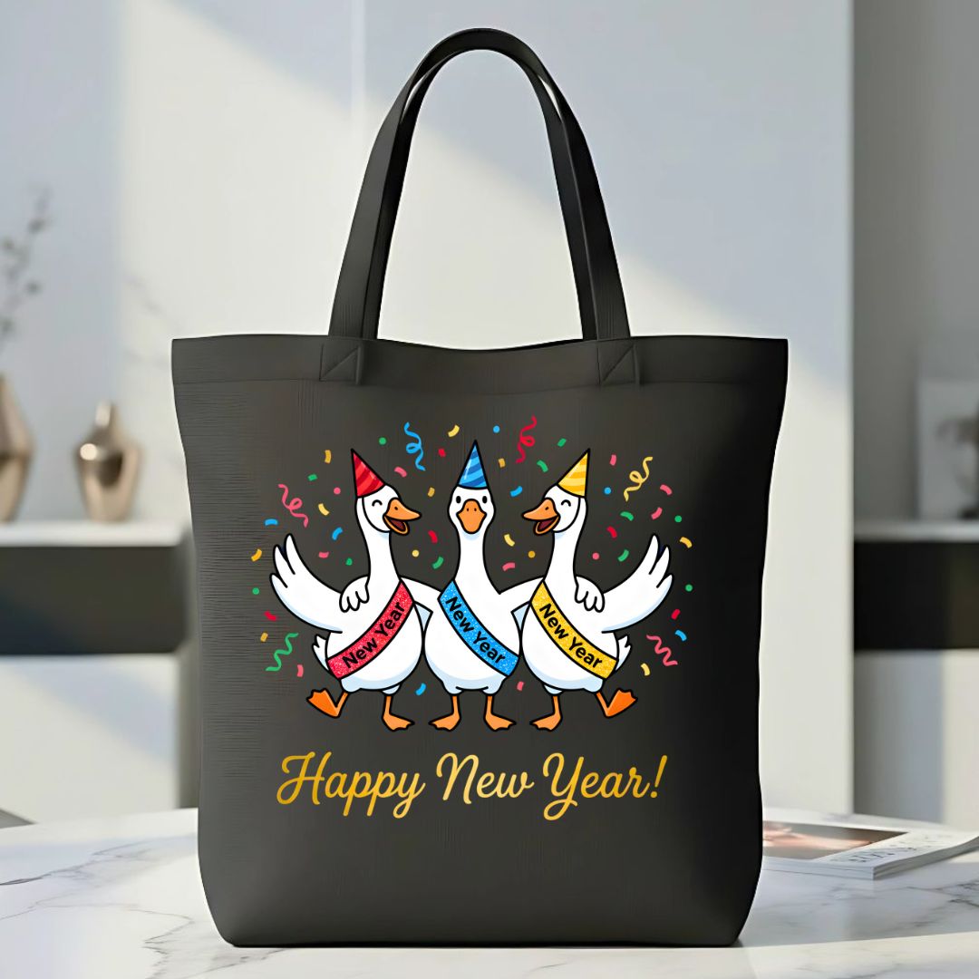 Funny Goose Meme "Happy New Year" Tote Bag for 2025