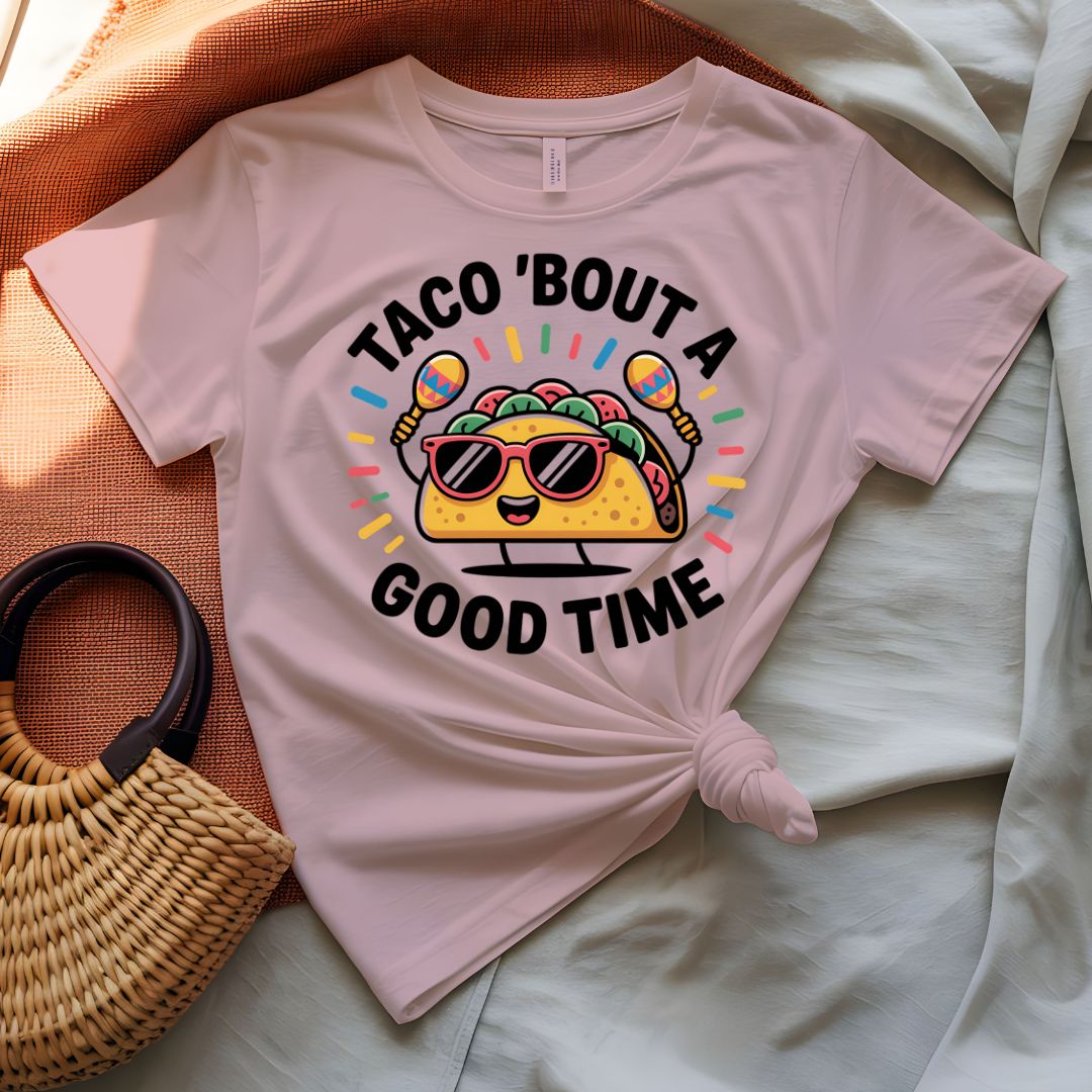 Taco Bout a Good Time Punny Graphic T-Shirt on Model