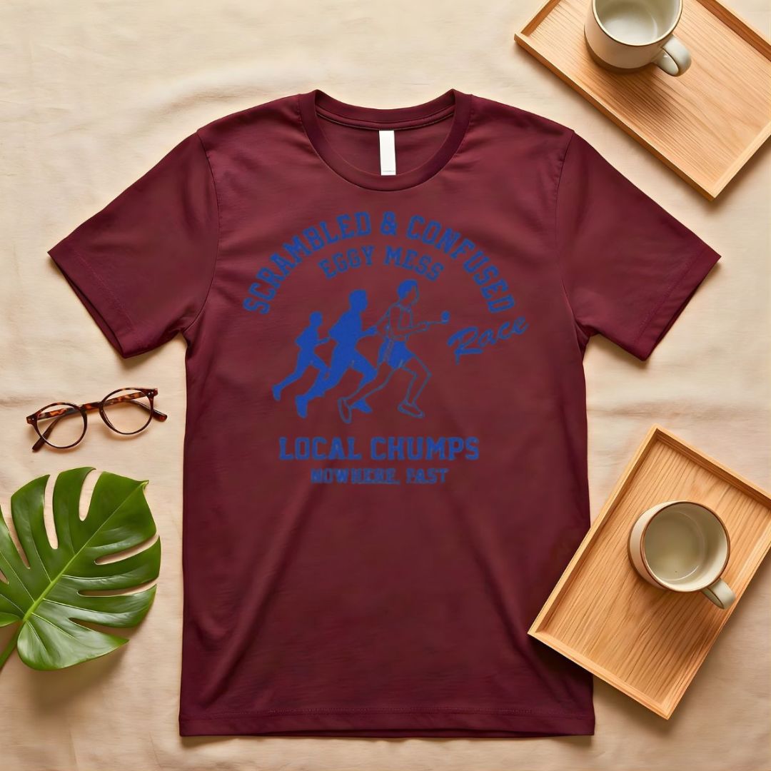 Eggy Mess Funny Breakfast Graphic T-Shirt on Model