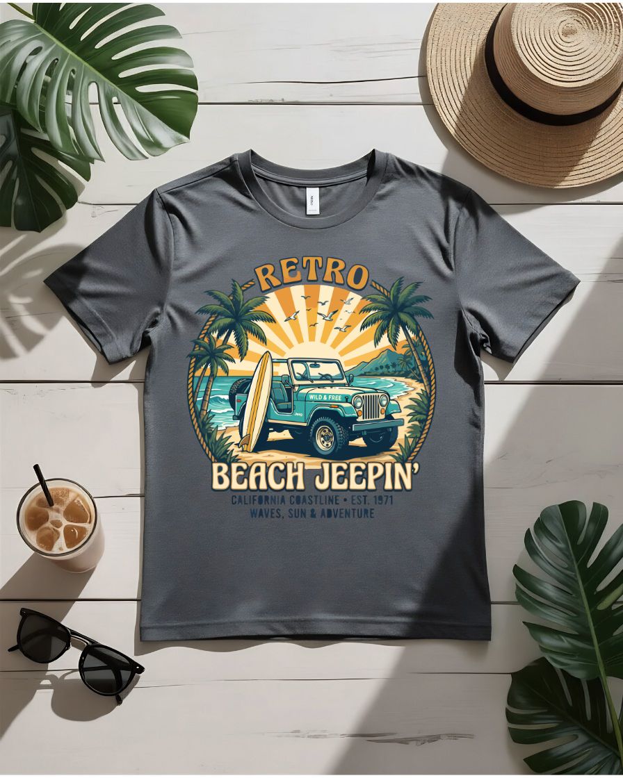 Retro beach jeepin tee vintage jeep surfboards coastal highway
