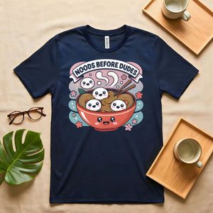 Noods Before Dudes Funny Ramen Graphic T-Shirt on Model