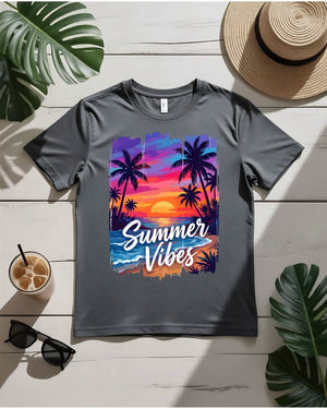 Sunset summer vibes tee orange pink sky with palm trees