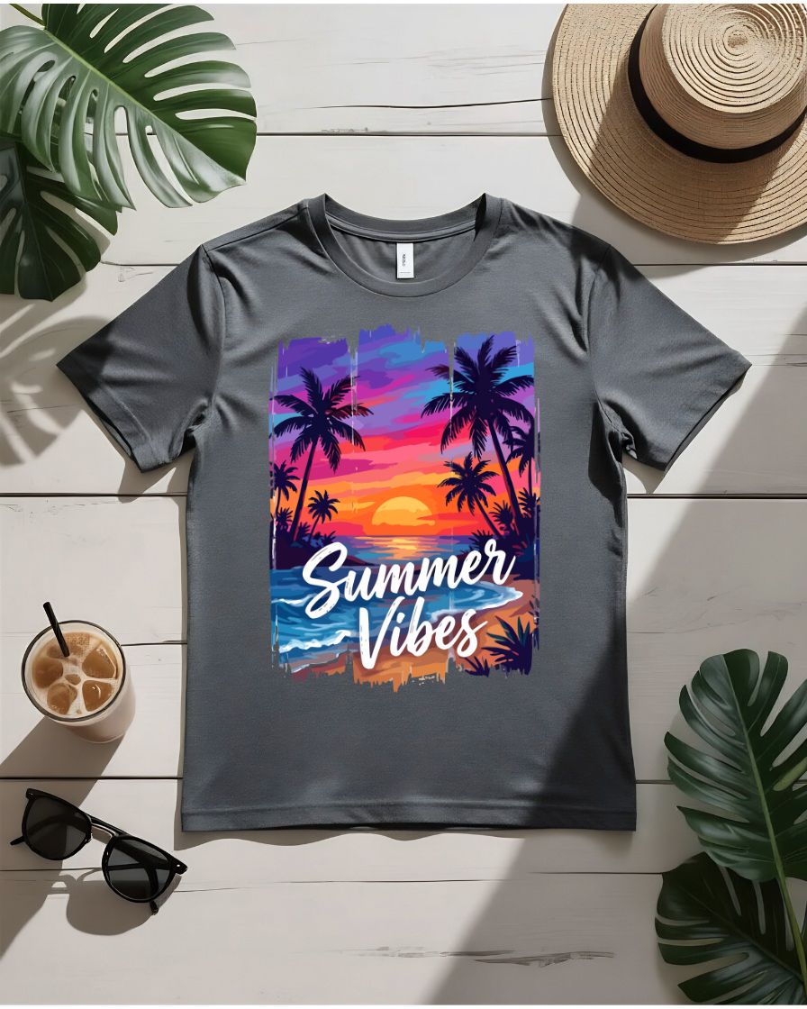 Sunset summer vibes tee orange pink sky with palm trees