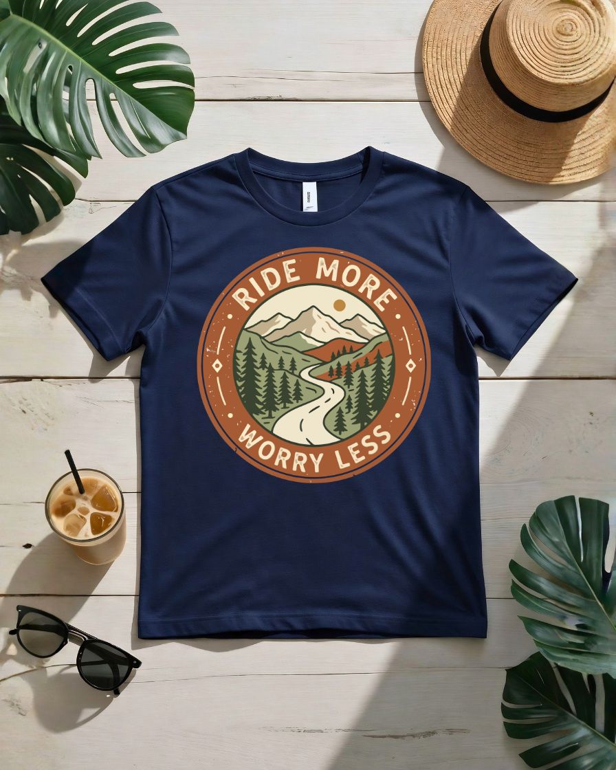 Ride more worry less tee motorcycle sunset highway graphic