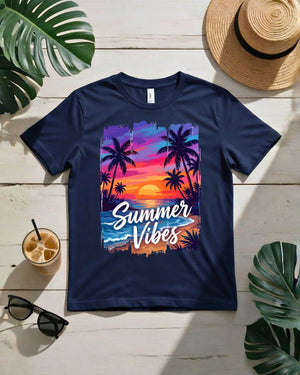 Sunset summer vibes tee orange pink sky with palm trees