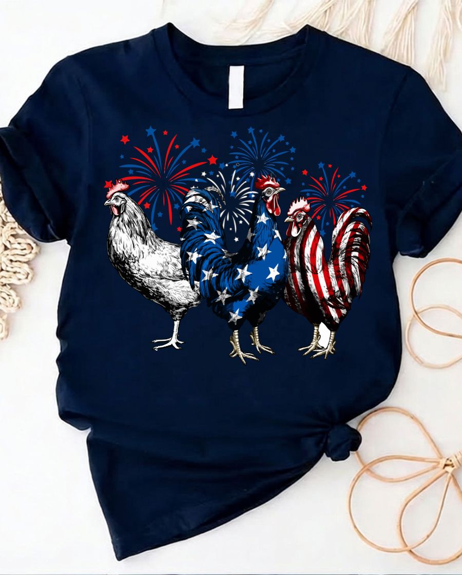 Red White and Blue Chicken 4th of July Tee with patriotic poultry design